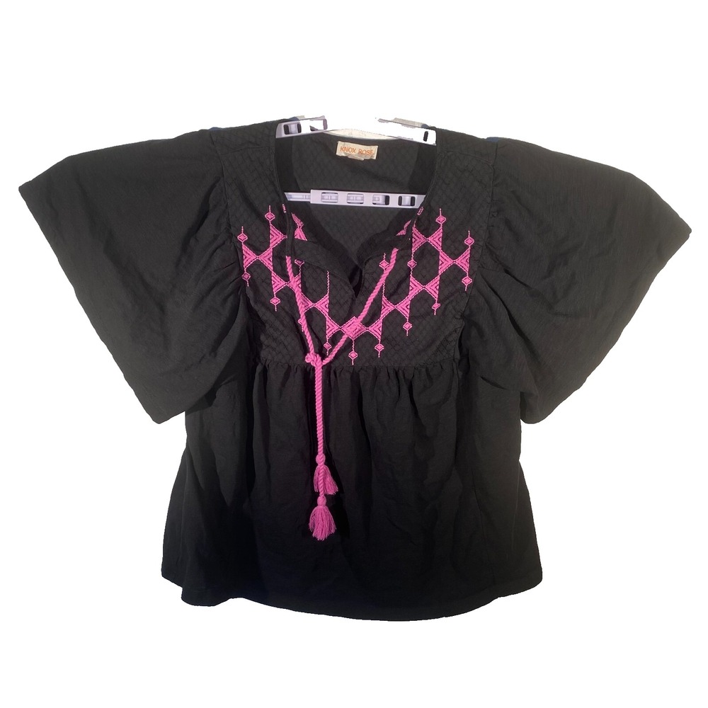 Knox Rose Womens Black Classic Flutter Sleeve Embroidered Tie Blouse Top Size M - Picture 1 of 10